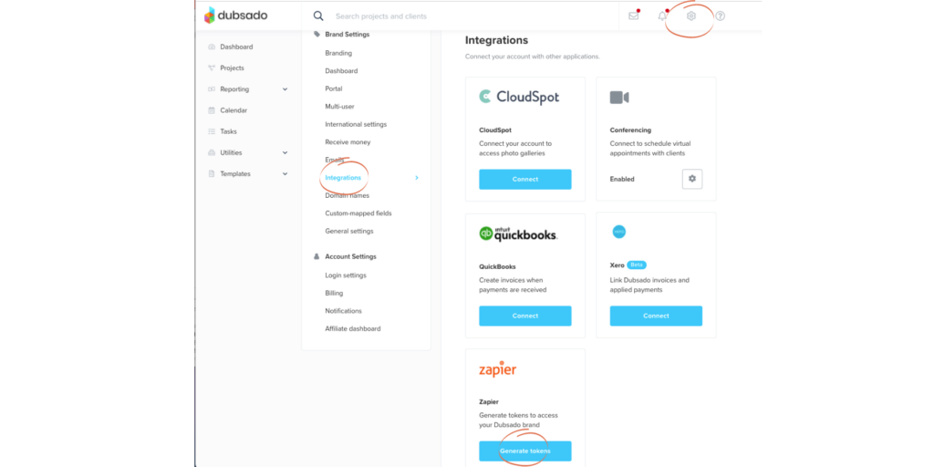 Image shows instructions on where to click in Dubsado to get the integration token for Zapier to integrate Dubsado with your Email Marketing Tool.