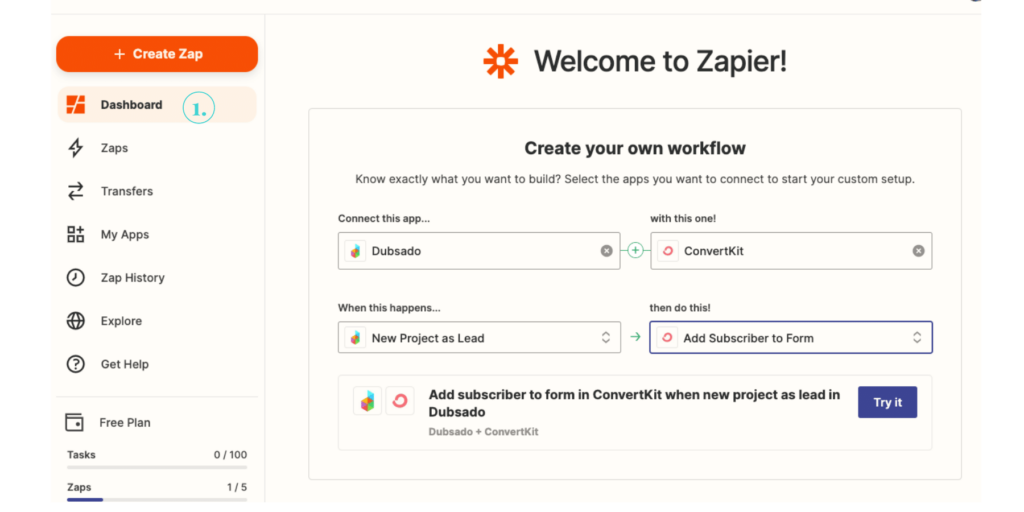 Screenshot of the settings to use in Zapier to integrate Dubsado with ConvertKit.