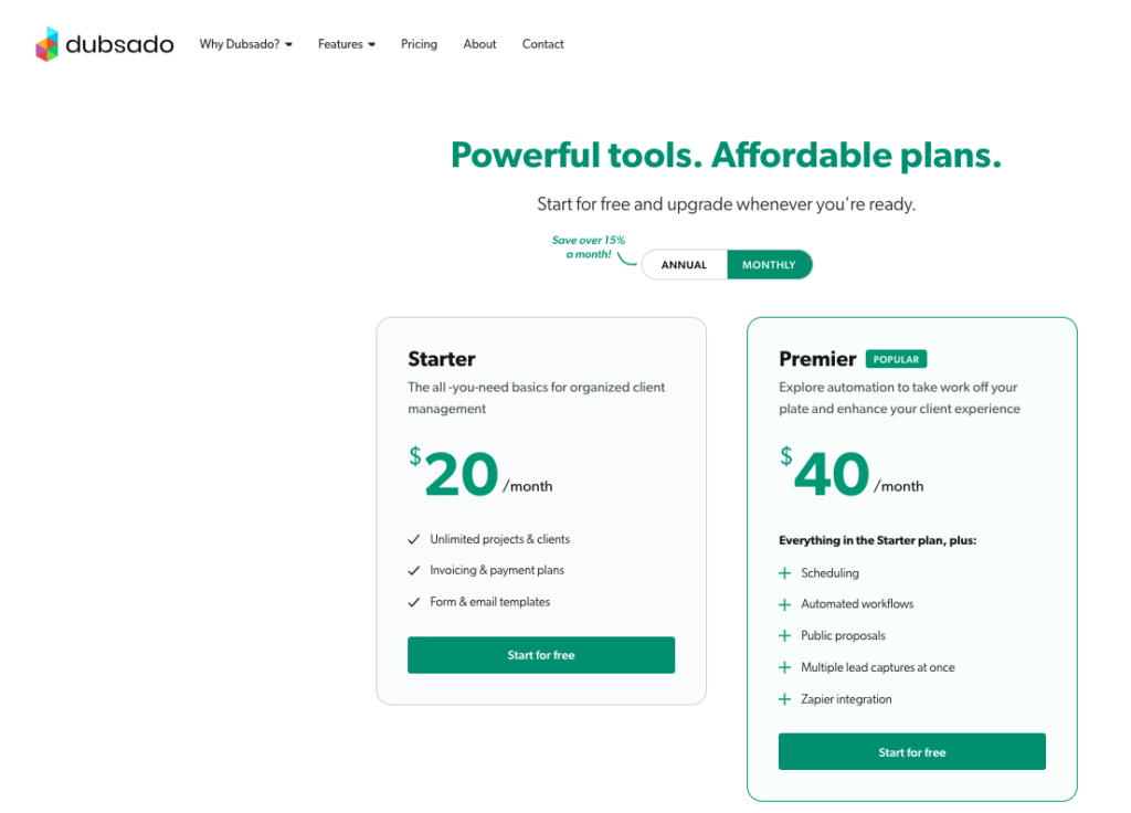 Dubsado Pricing Options to help you decide Honeybook vs Dubsado.