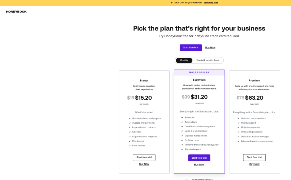 HoneyBook Pricing Options