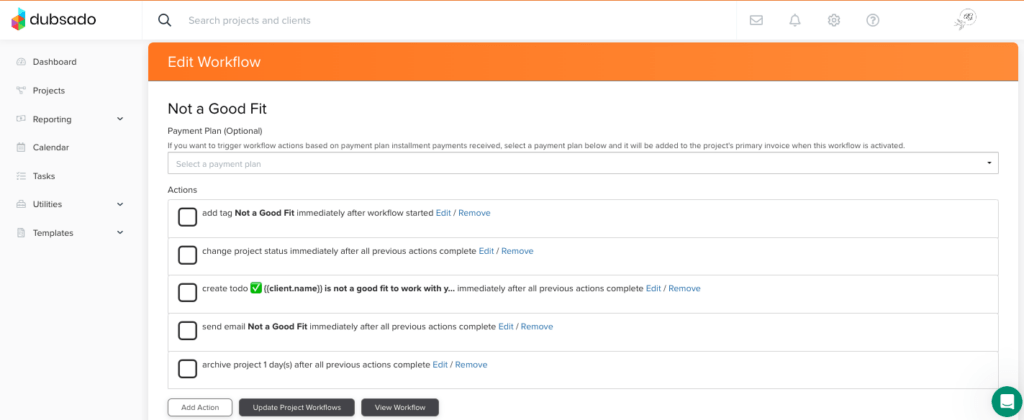 Screenshot of the Not a Good Fit Workflow in Dubsado