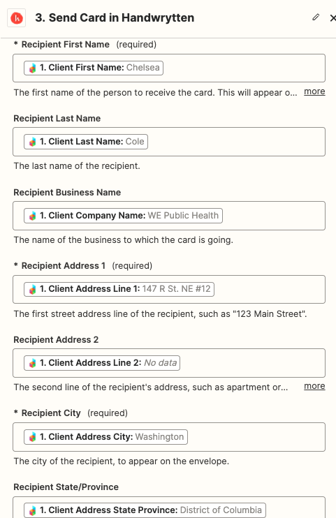 First set up your recipient information in the Zap.