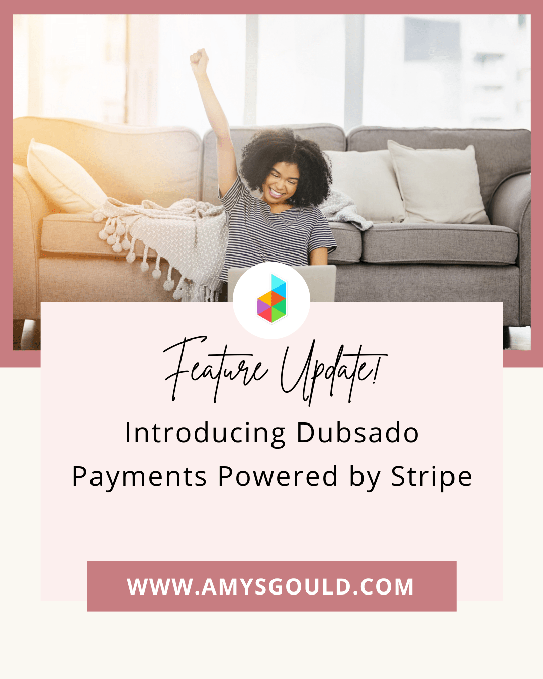 Woman celebrating getting paid by new Dubsado payments powered by Stripe and not paying credit card fees!