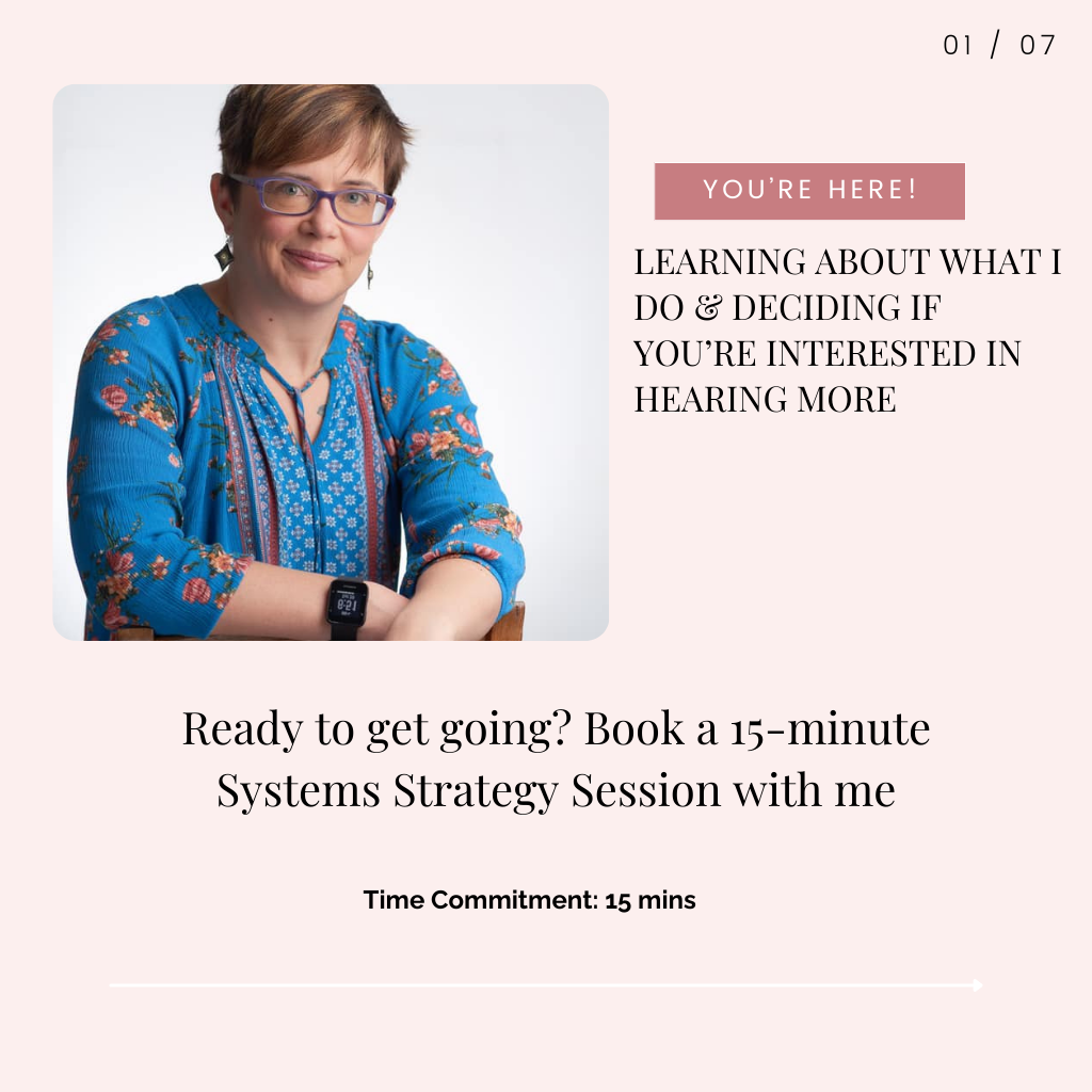 Step 1: You're here. Learn about Dubsado and deciding if your interested in learning more. Ready to get going? Book a 15 minute systems strategy session with me.