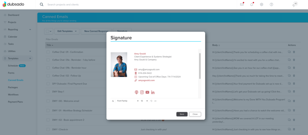 My canned email signature template in Dubsado