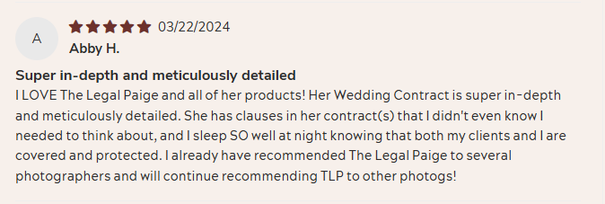 Wedding contract testimonial from The Legal Paige