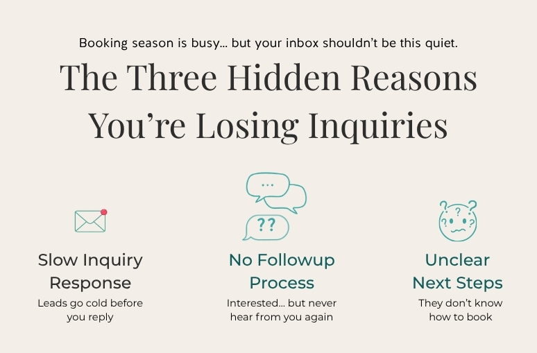 Infographic about why wedding professionals lose leads, including slow inquiry response, no follow-up system, and unclear next steps.